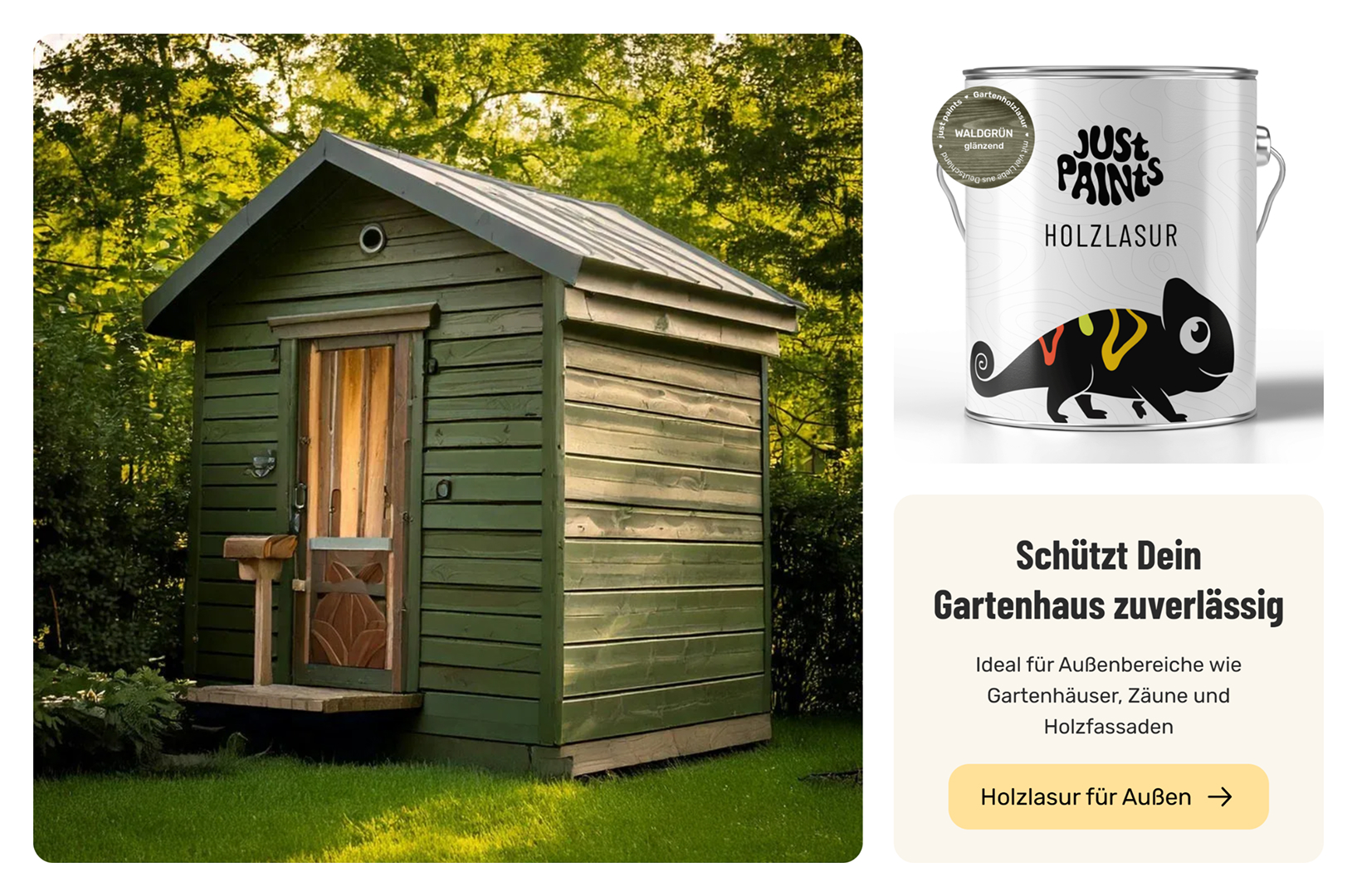 Grün lasiertes Gartenhaus aus Holz neben einer Dose Holzlasur; Hinweis auf zuverlässigen Schutz für Außenholz.