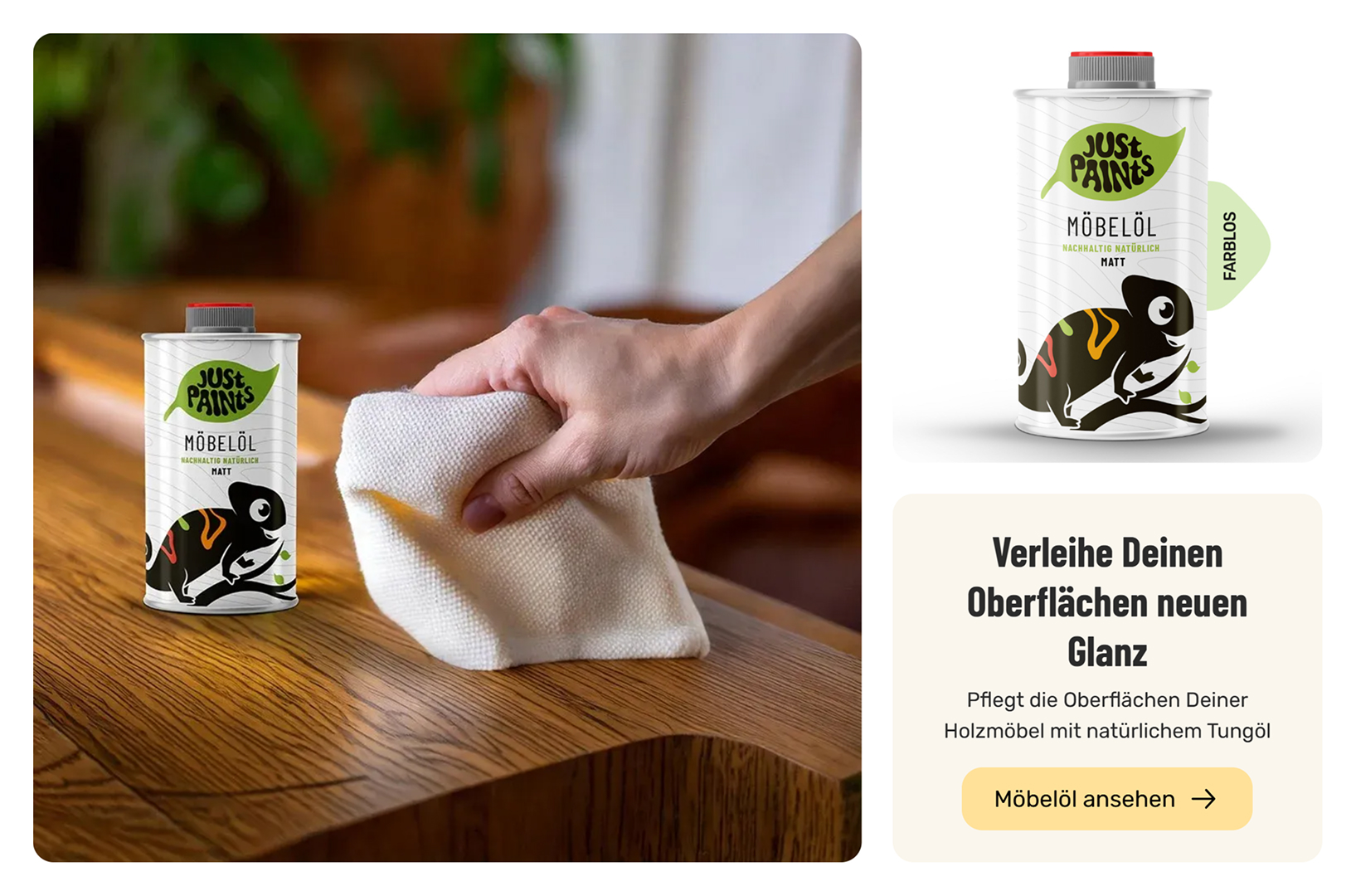 Hand poliert einen Holztisch mit einem Tuch; daneben steht eine Dose Möbelöl für natürlichen Glanz.