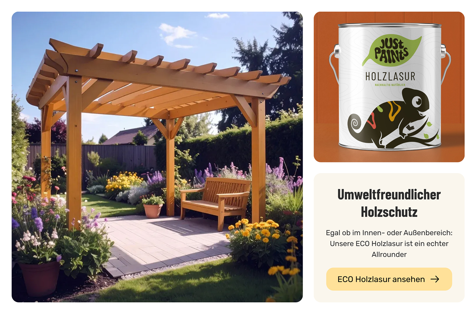 Holzpergola mit Sitzbank in einem blühenden Garten; daneben eine Dose umweltfreundliche Holzlasur.