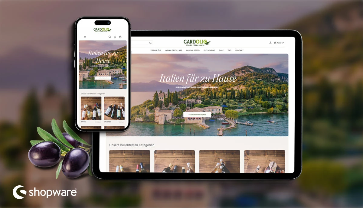 Shopware-6-Onlineshop von Carpol auf Tablet und Smartphone vor italienischer Seenlandschaft mit Oliven.