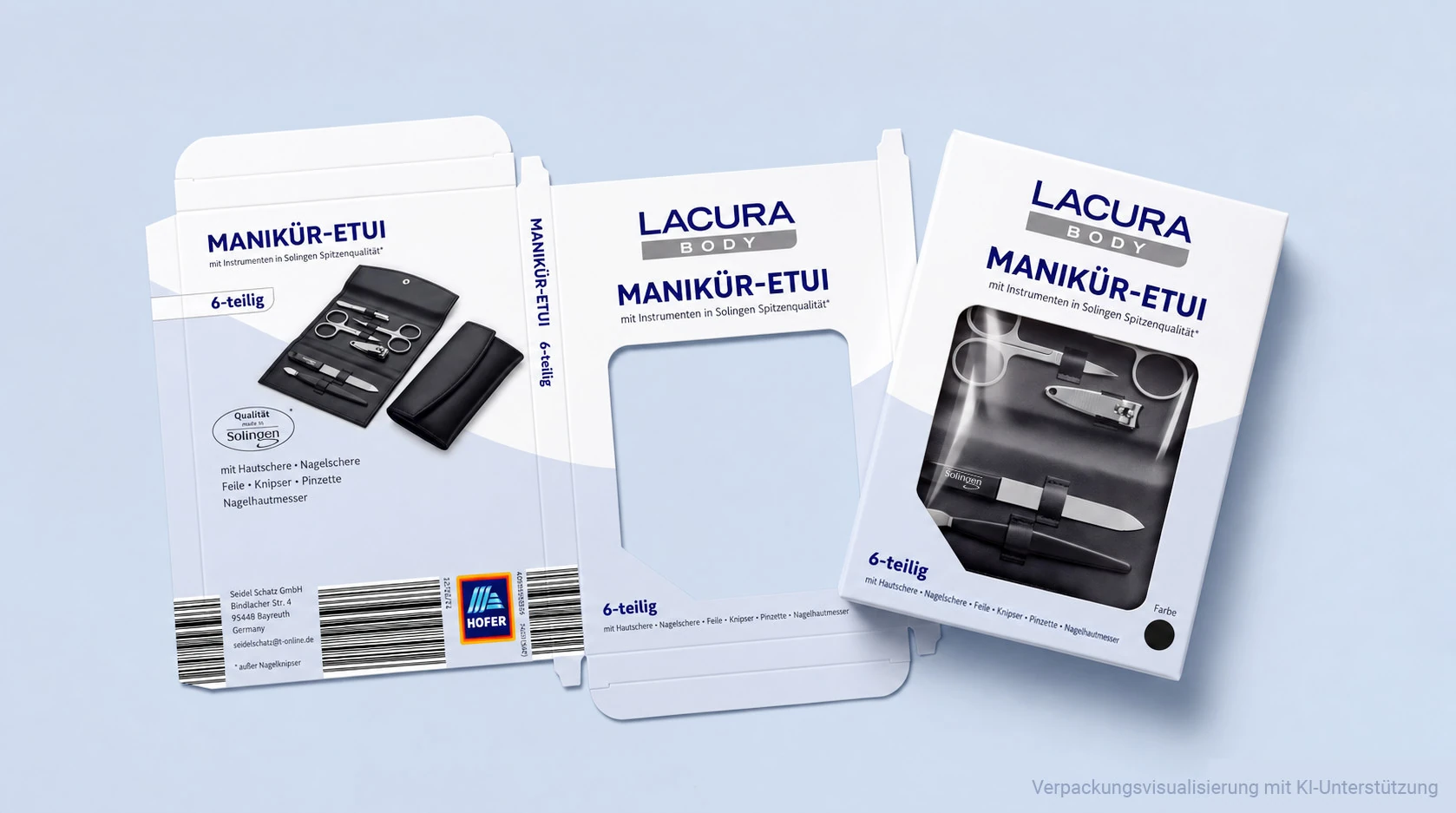LACURA BODY Maniküre-Etui: Verpackungsdesign in drei Ansichten vor hellblauem Hintergrund.
