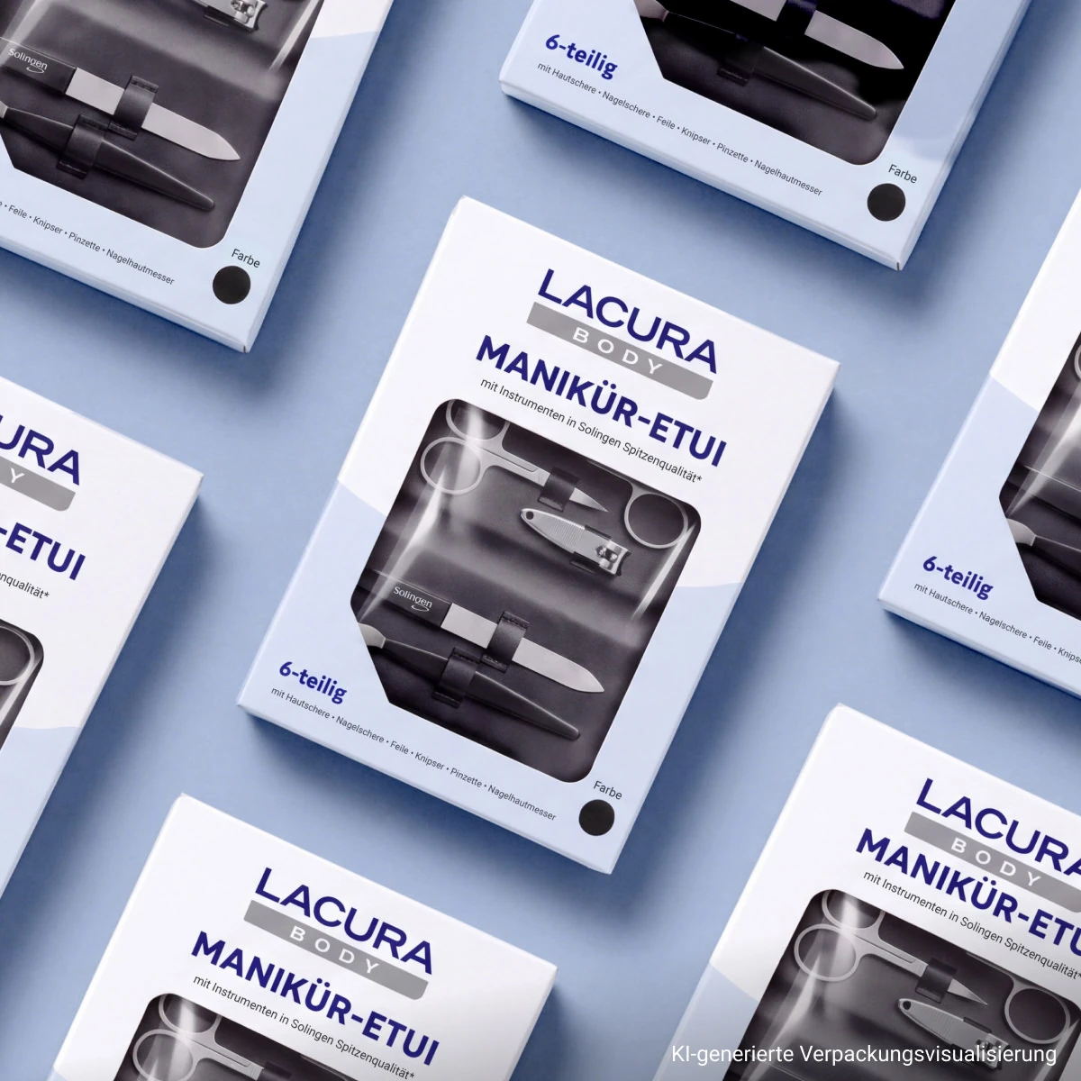 Mehrere LACURA Body Manikür-Etui-Verpackungen mit Sichtfenster, diagonal auf hellblauem Hintergrund angeordnet.