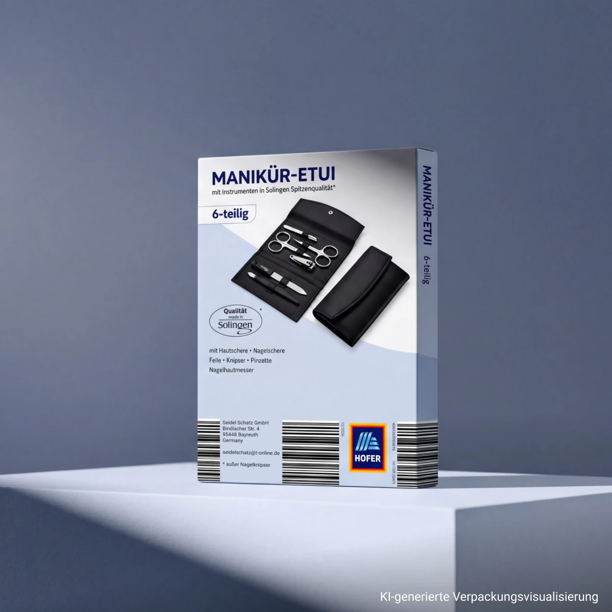 Rückseite der LACURA Body Manikür-Etui-Verpackung mit Produktabbildung und Artikelinformationen auf einem hellblauen Podest.