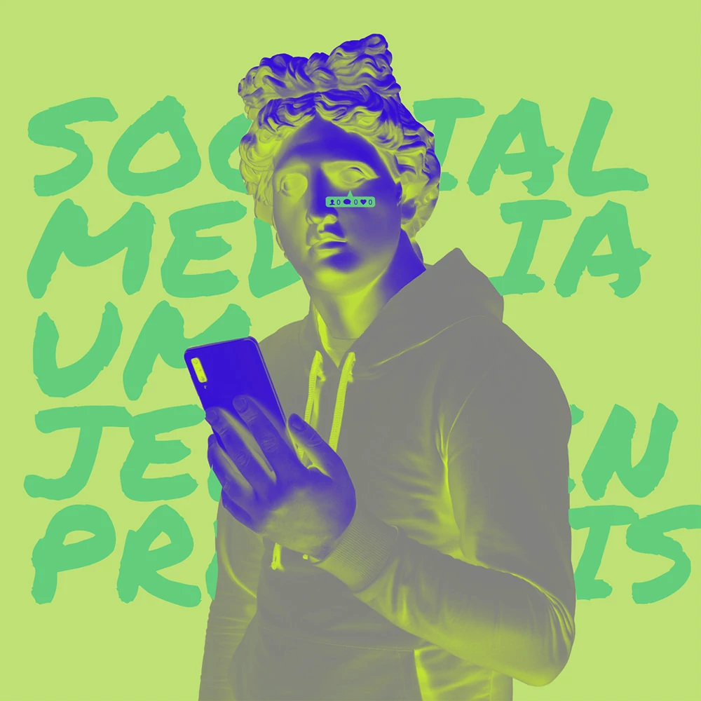 Abbildung eines Körpers mit Hoodie mit dem Kopf einer antiken Statue. In der Hand ein Smartphone. Im Hintergrund steht der Titel des Beitrags „Social Media um jeden Preis“.