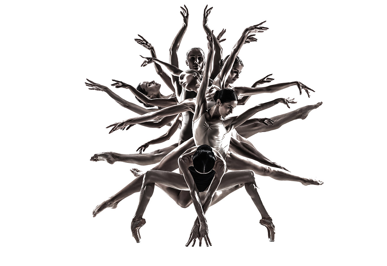 Gruppe von Balett-Tänzerinnen, die eine Figur kreieren, die an einen Baum erinnert.