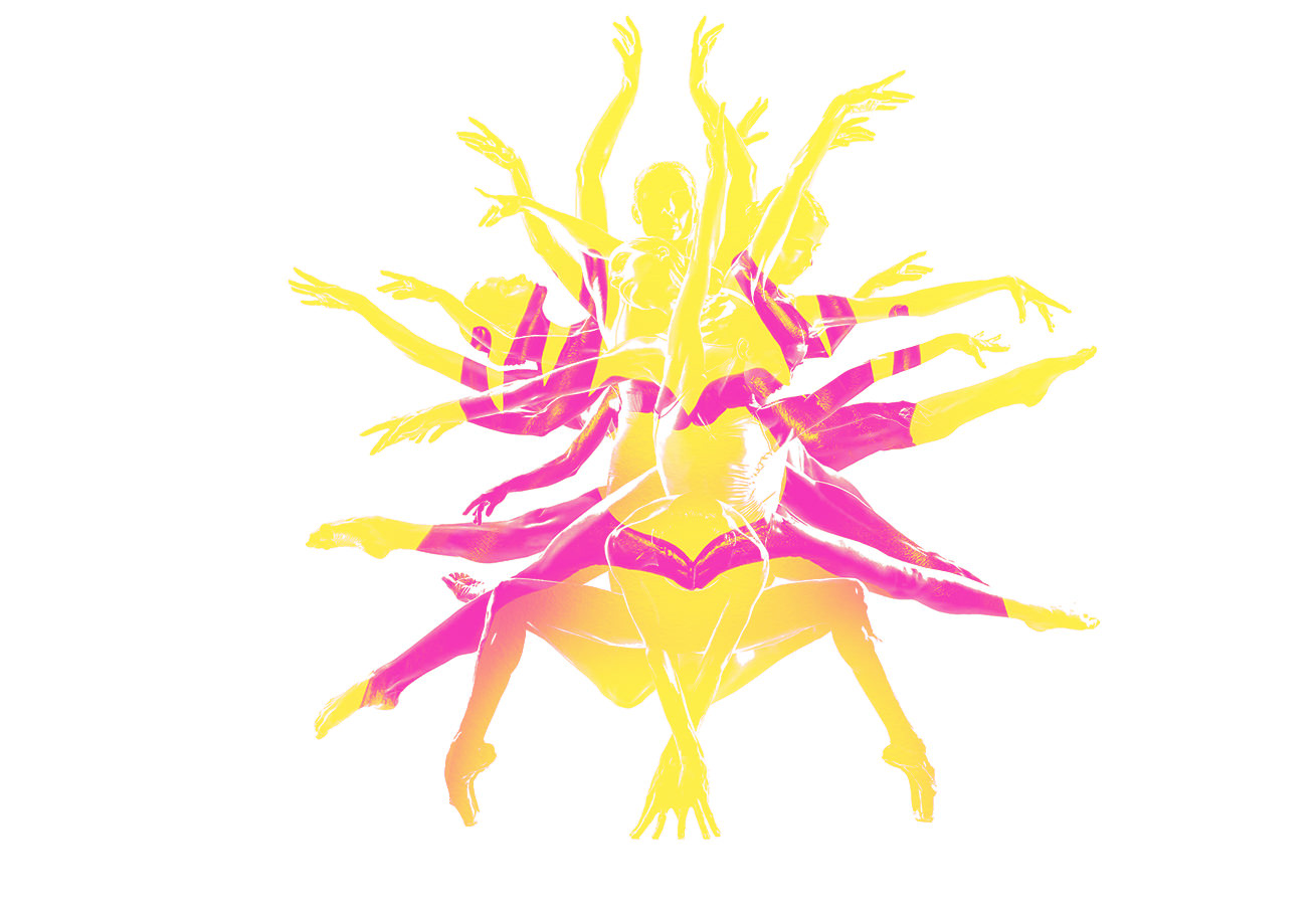 Gruppe von Balett-Tänzerinnen, die eine Figur kreieren, die an einen Baum erinnert als gelbe Silhouette. Als Overlay zeigen zwei pinke Hände ein Herz.