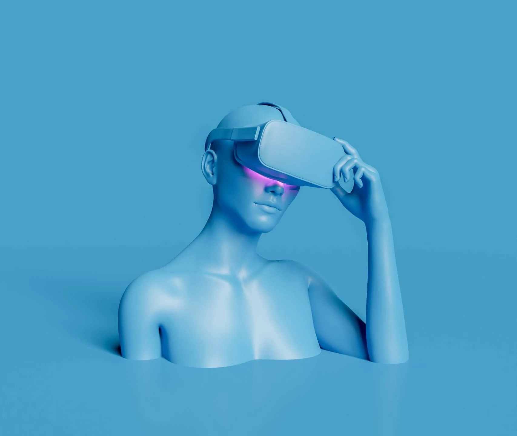Modelbild einer Schaufensterpuppe mit VR Brille in blau