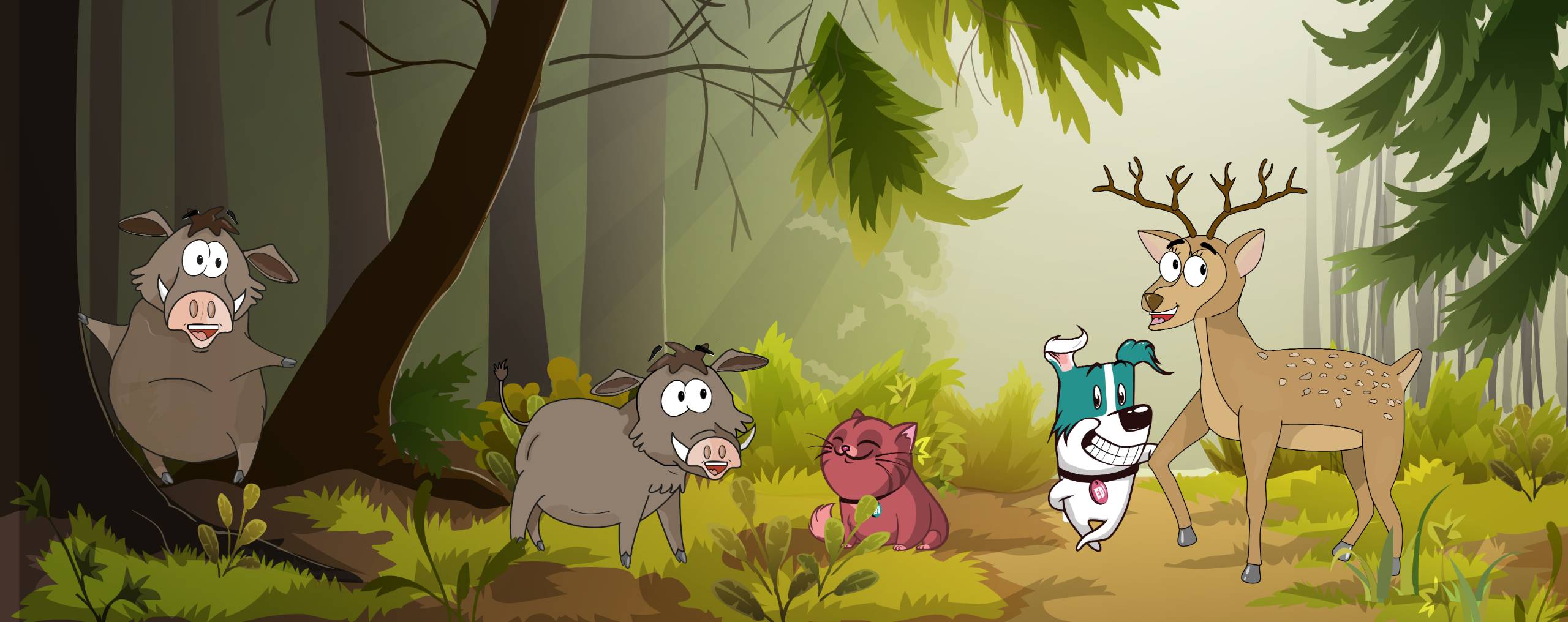 Cartoon-gezeichneter Wald mit Tieren und der Katze Lov und den Hund Ed